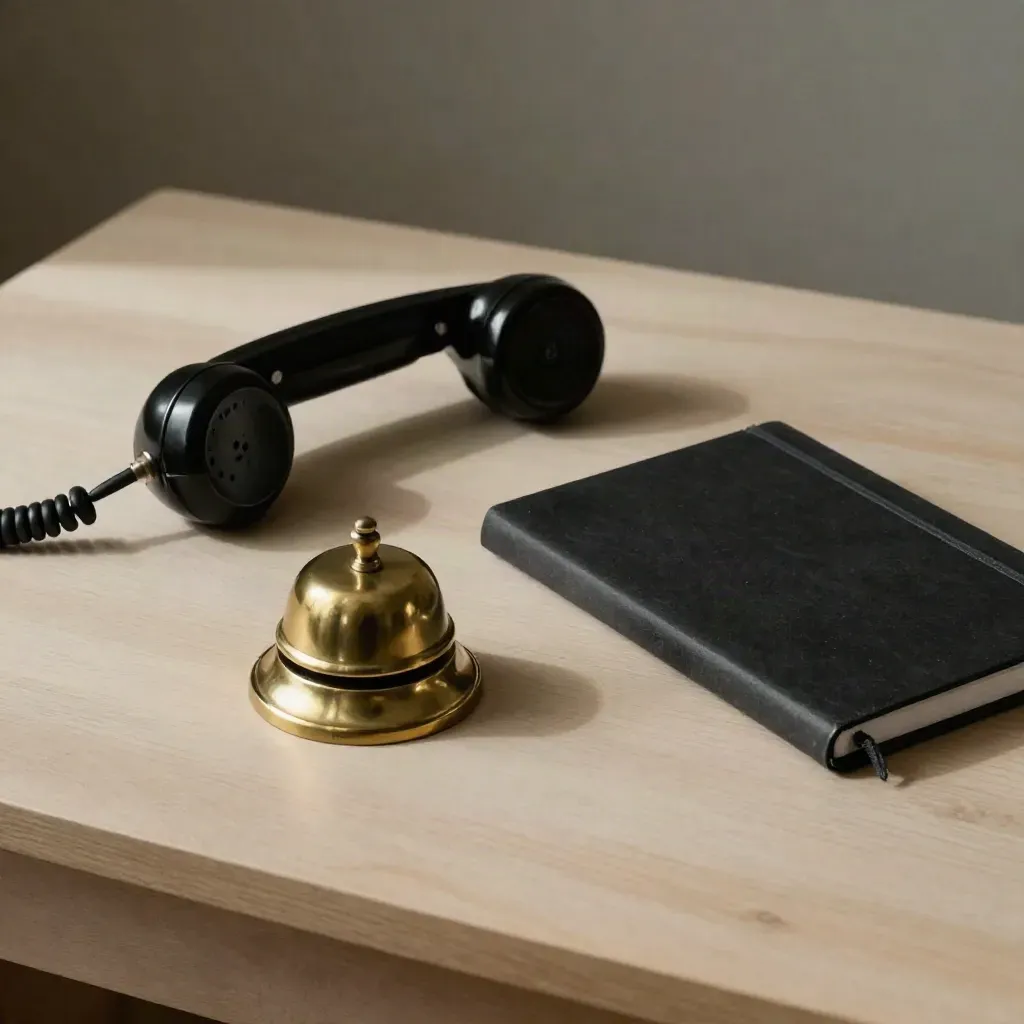 Vintage handset, brass bell, and black notebook on pale wood in soft morning light.