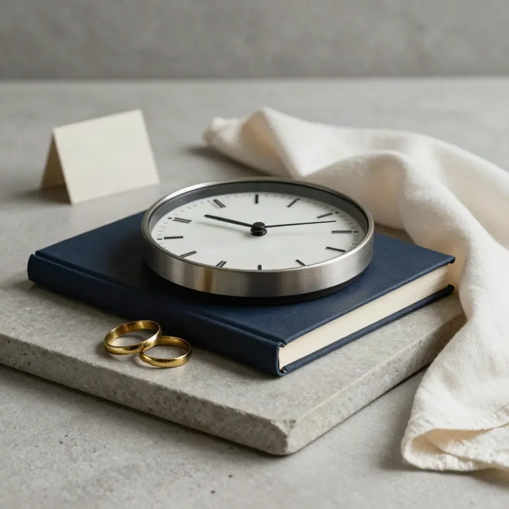 Clock, folio and brass rings on a stone tray with soft side light