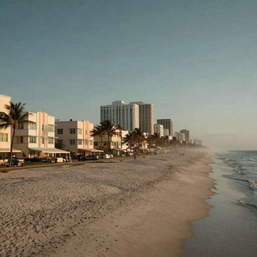 Miami Art Deco rooftops and palms above a hazy Atlantic coast at golden hour