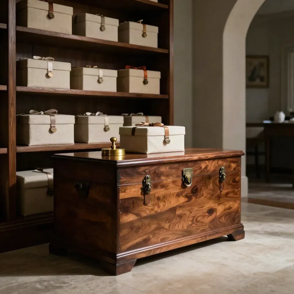Cedar archive chest with linen-lined heirloom boxes and wax seal kit in dramatic light.