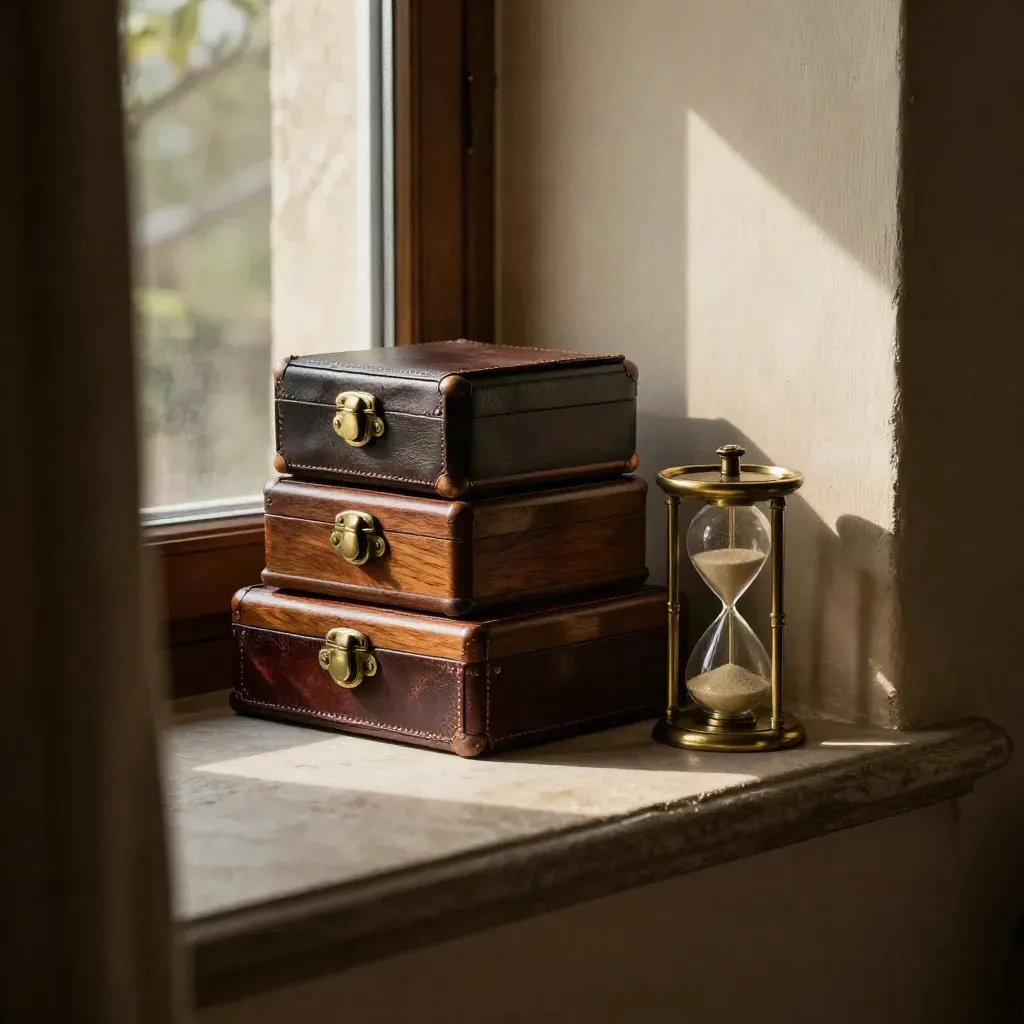 Hourglass, nested reserve boxes, and brass timepiece in a sunlit wealth-planning alcove.