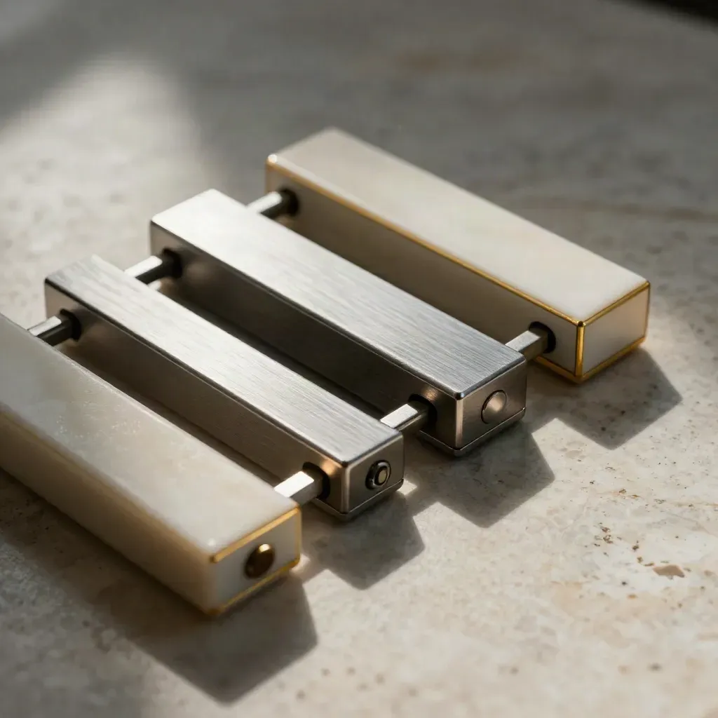 Top-down macro of three metal-and-ceramic allocation modules sliding into a travertine grid.