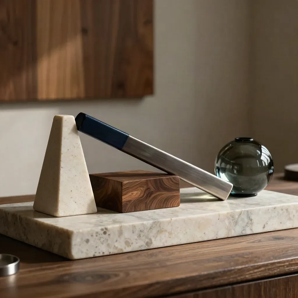Travertine plinth with balanced stone, steel, glass and walnut objects in luxury finance still life.