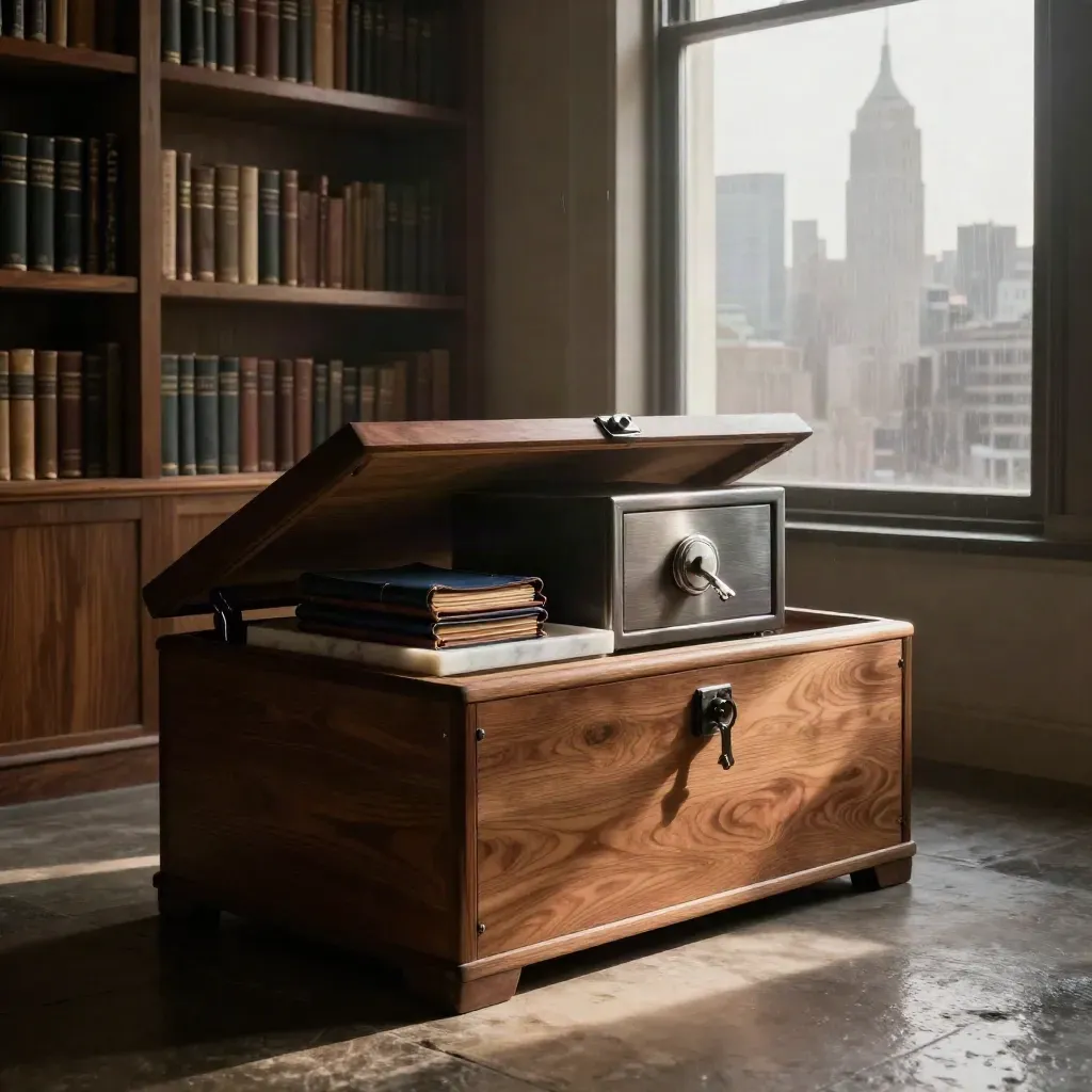Wealth library corner with leather folios, safe and cedar chest lit by dawn rain haze