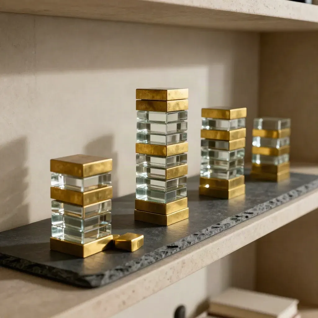 Glass and brass blocks split into three calm clusters on a slate shelf