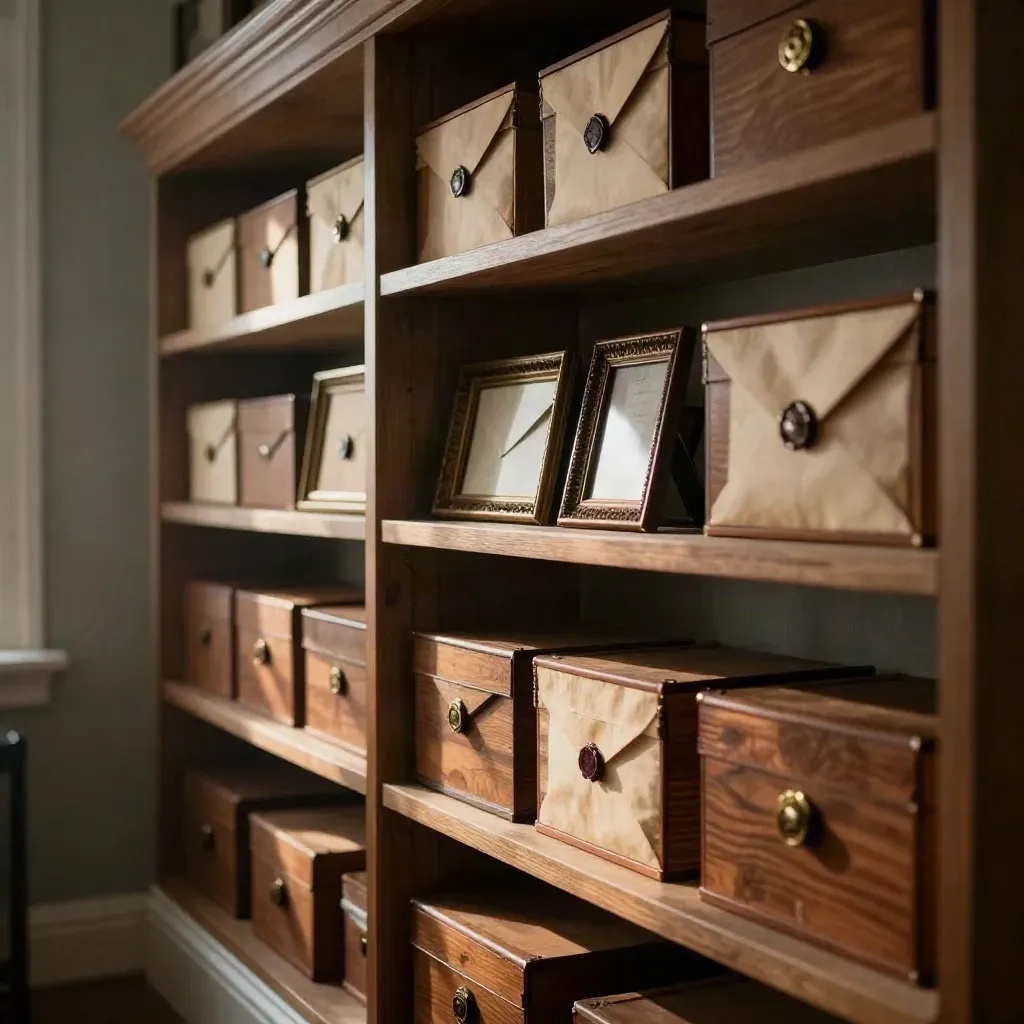 Cedar archive boxes, wax-sealed envelopes, and heirloom frames lined on shelves in warm sunlight.