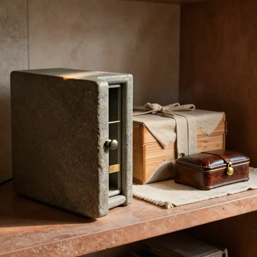 Stone safe, wrapped cedar box, and watch case on wool runner in a warm archive alcove.