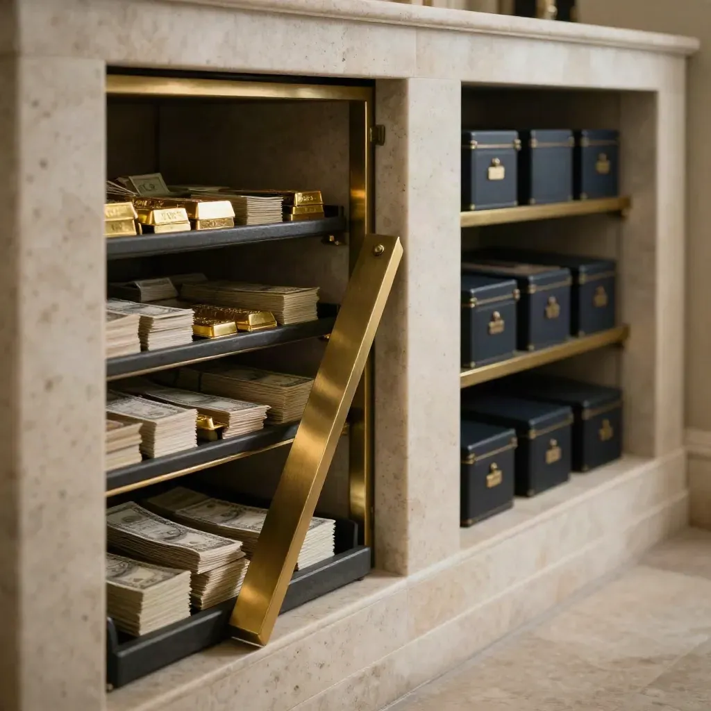 Two calm vault columns with cash bundles and investment cases split by a brass divider.