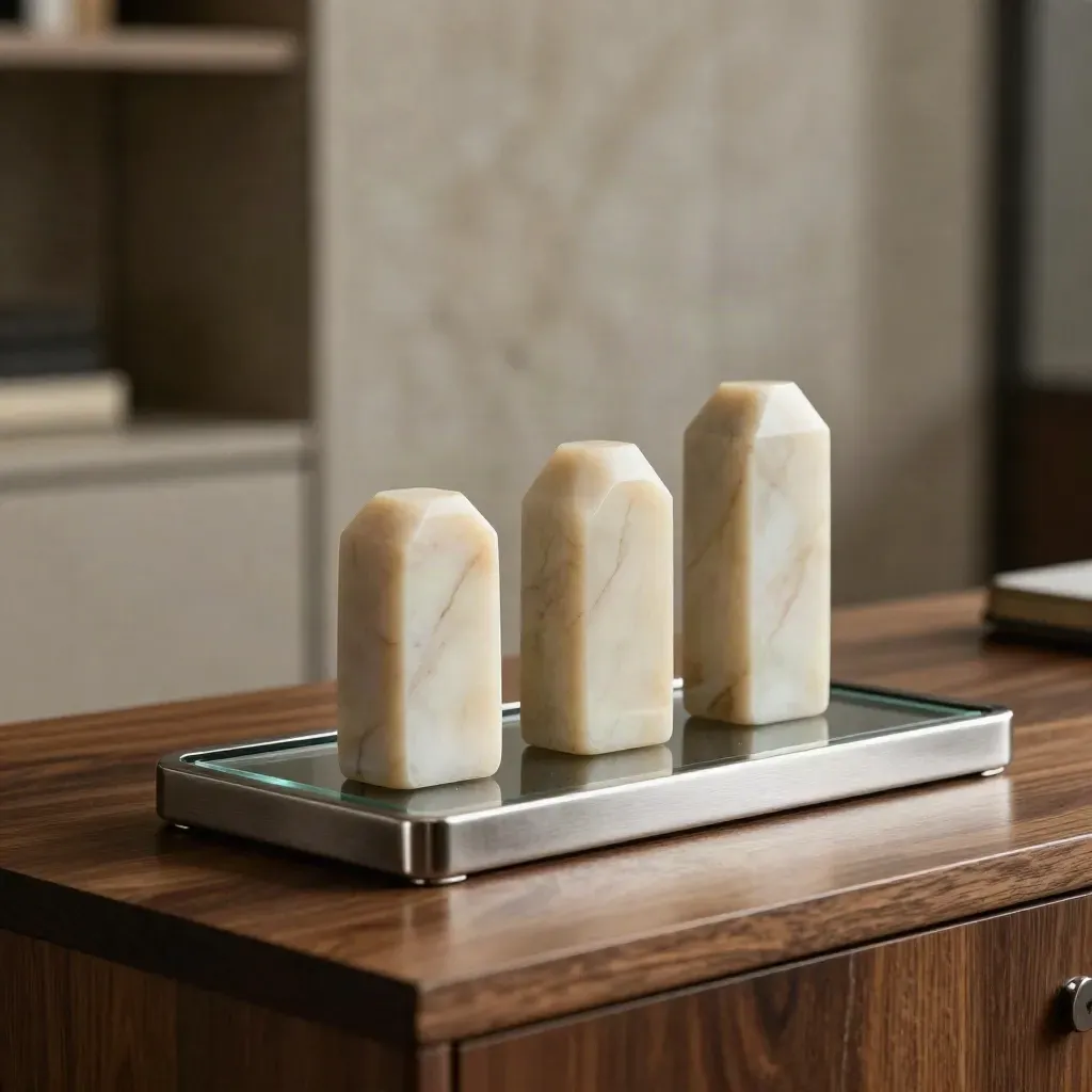 Ivory allocation stones, steel weight, and smoked glass on walnut with dramatic shadows.