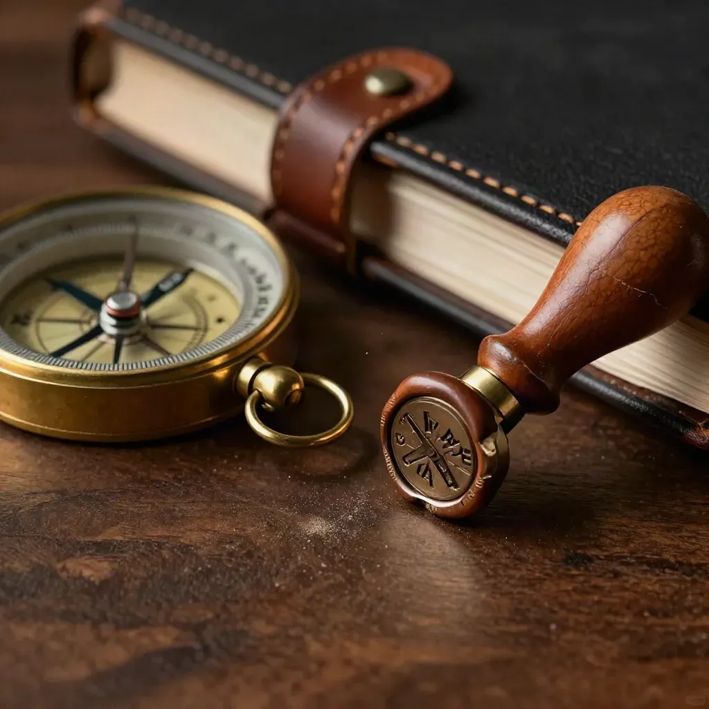 Macro brass compass beside wax seal and leather folio on walnut, lit by warm raking light
