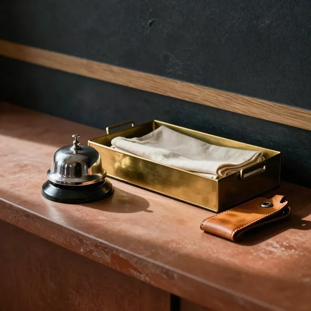 Silver service bell, brass inbox tray, and leather key tray on terracotta plaster.