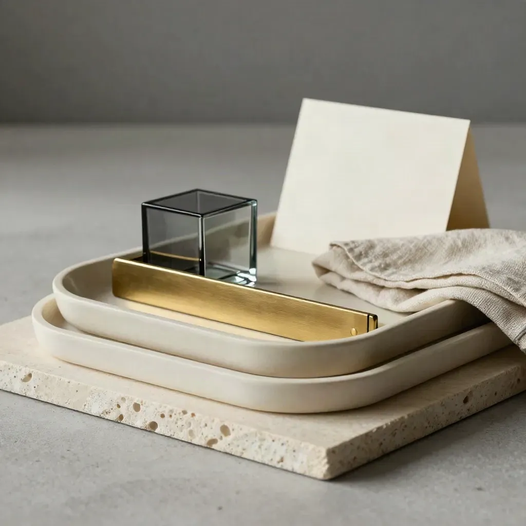 Ivory trays, brass divider, smoked-glass cube on stone with soft daylight