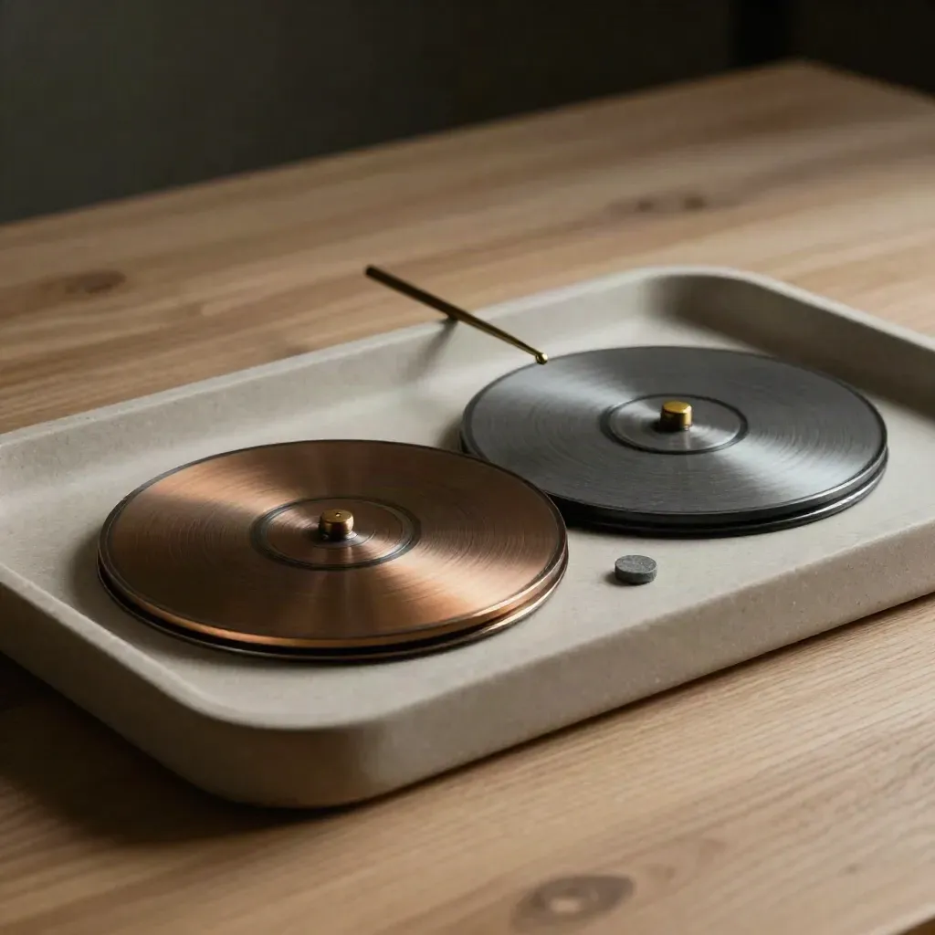 Three allocation discs in a tray on pale wood, lit softly from the side
