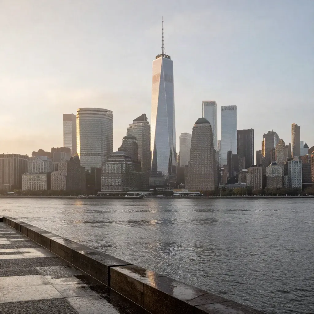 Lower Manhattan skyline over the East River at sunrise, seen from Brooklyn waterfront.