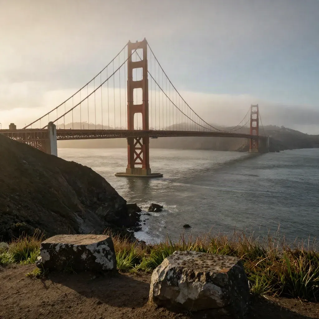 Golden Gate Bridge above Marin bluff with fog lifting over the bay at sunrise