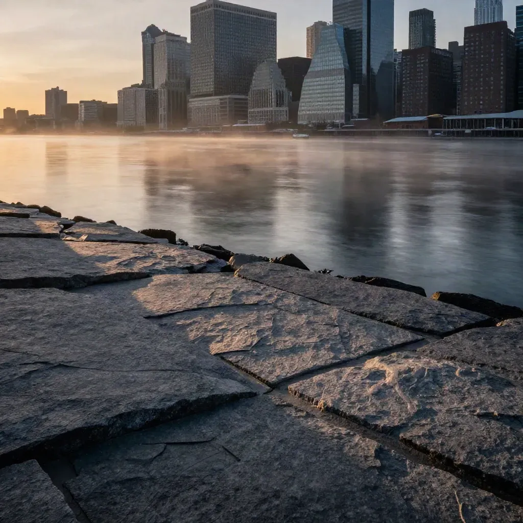 Boston skyline and Charles River above a misty granite shore at dawn